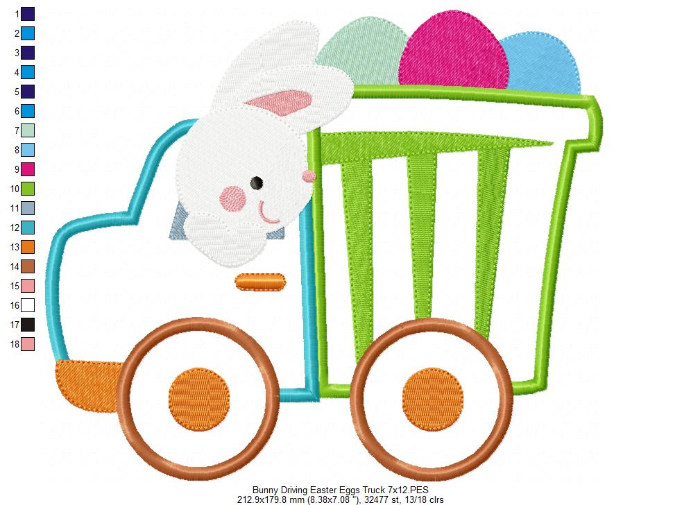 Bunny Driving Easter Eggs Truck - Appliqué - Machine Embroidery Design