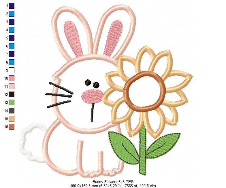 Farm Bunny and Flowers - Applique - Machine Embroidery Design