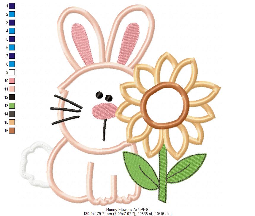 Farm Bunny and Flowers - Applique - Machine Embroidery Design