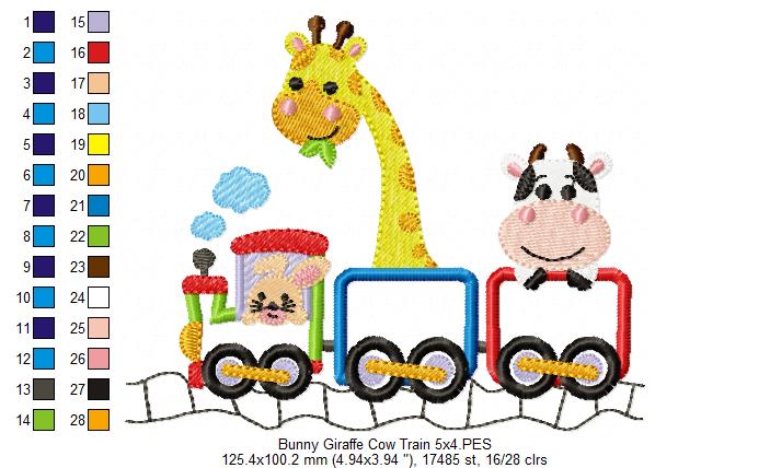 Bunny Giraffe Cow Train - Appliqué - Machine Embroidery Design