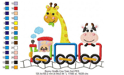 Bunny Giraffe Cow Train - Appliqué - Machine Embroidery Design