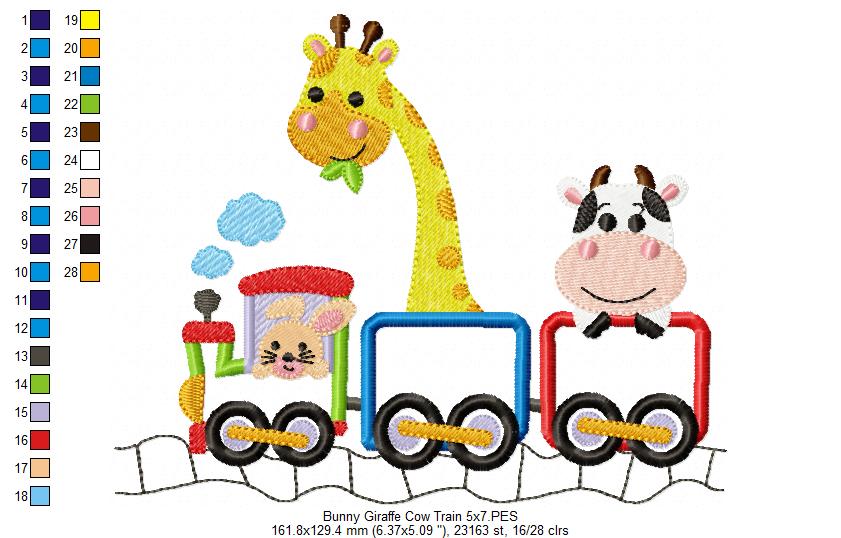Bunny Giraffe Cow Train - Appliqué - Machine Embroidery Design