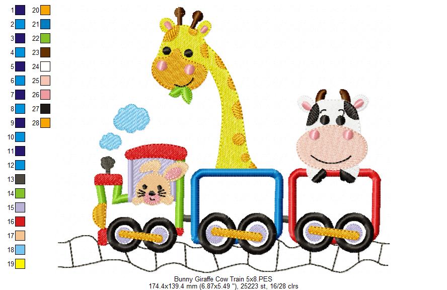 Bunny Giraffe Cow Train - Appliqué - Machine Embroidery Design