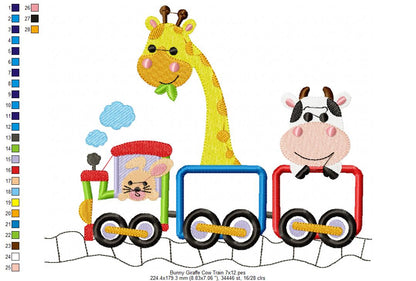 Bunny Giraffe Cow Train - Appliqué - Machine Embroidery Design
