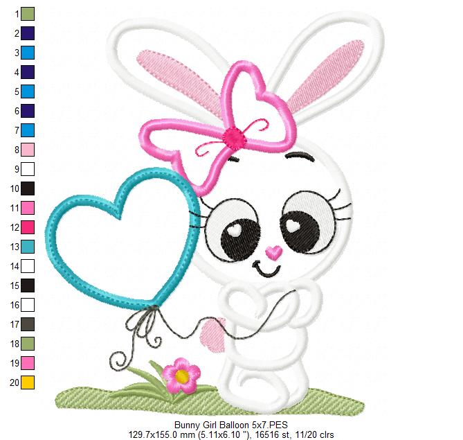 Bunny Boy and Girl with Heart Balloon - Applique - Set of 2 designs