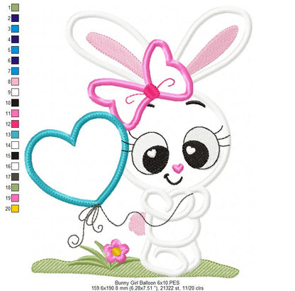 Bunny Boy and Girl with Heart Balloon - Applique - Set of 2 designs