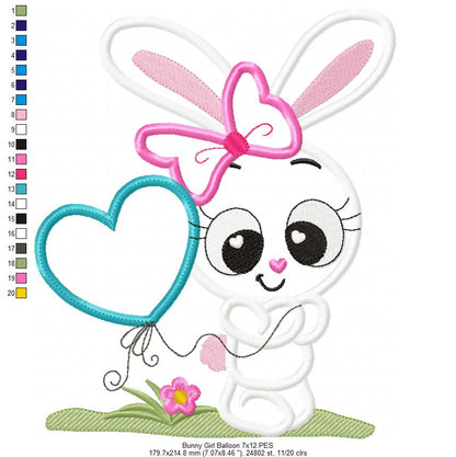Bunny Girl with Heart Balloon - Applique