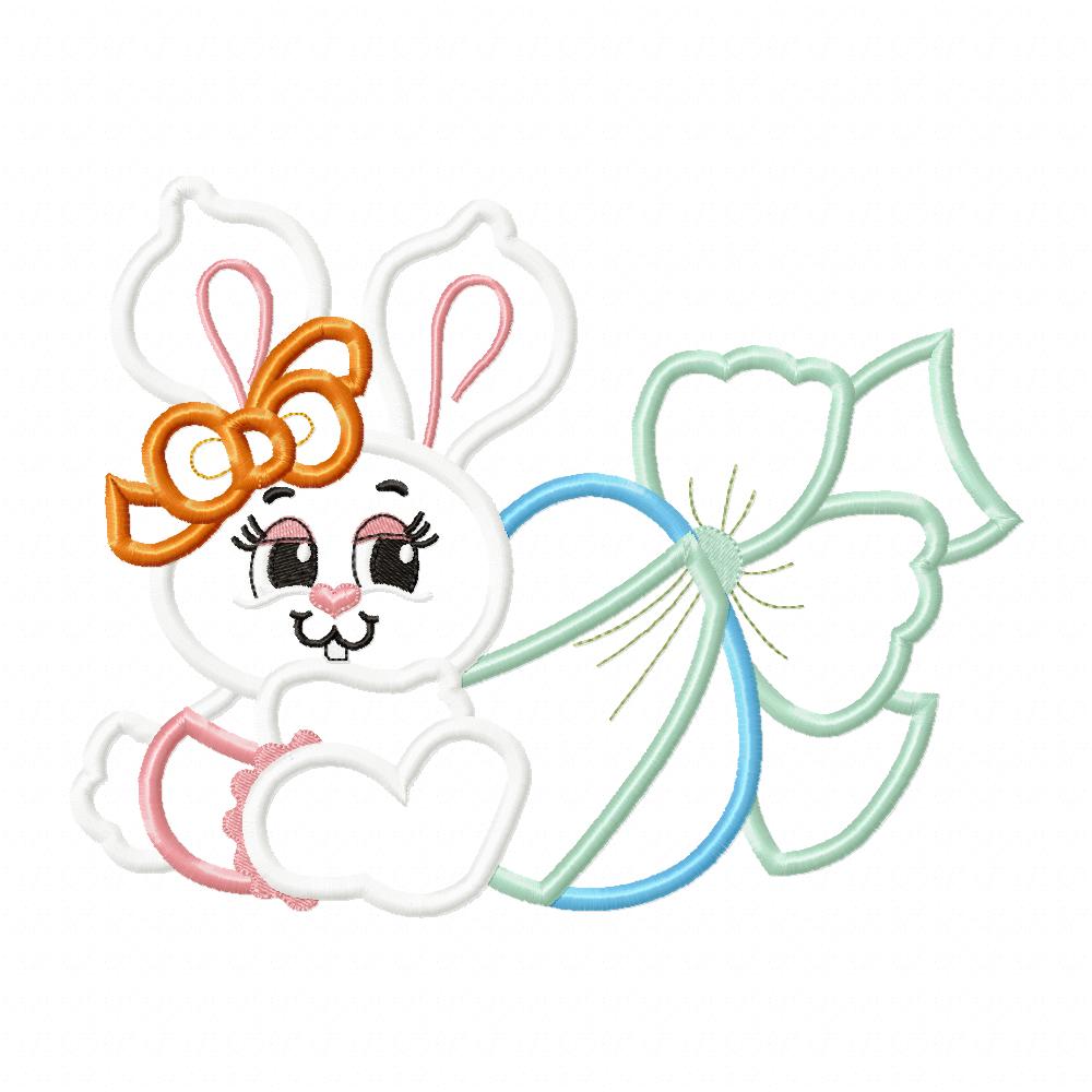 Easter Bunny Girl with Egg and Bow - Applique
