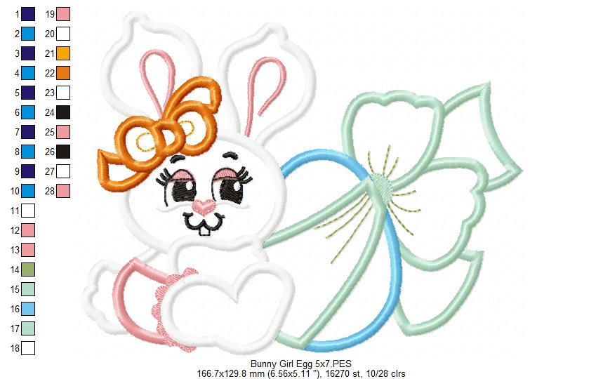 Easter Bunny Girl with Egg and Bow - Applique
