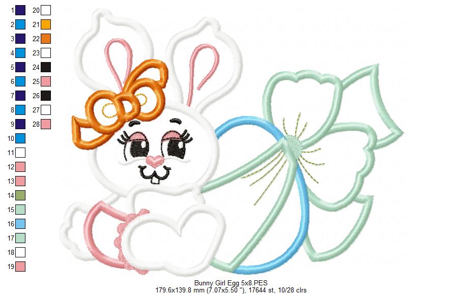 Easter Bunny Girl with Egg and Bow - Applique