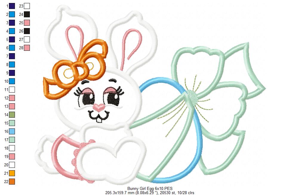 Easter Bunny Girl with Egg and Bow - Applique
