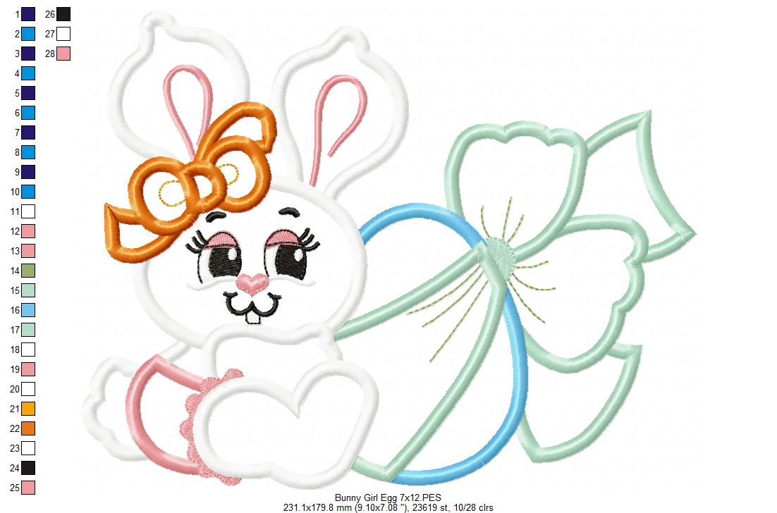 Easter Bunny Girl with Egg and Bow - Applique