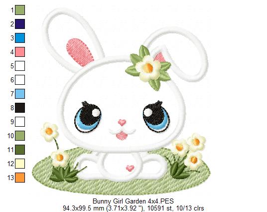 Bunny Girl in the Garden - Applique - Machine Embroidery Design
