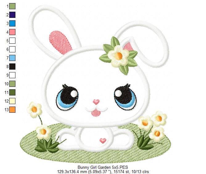 Bunny Girl in the Garden - Applique - Machine Embroidery Design