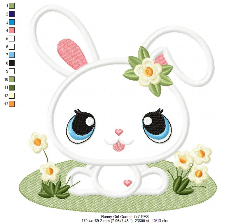 Bunny Girl in the Garden - Applique - Machine Embroidery Design