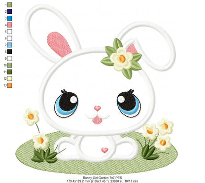Bunny Girl in the Garden - Applique - Machine Embroidery Design