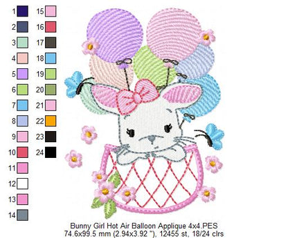 Bunny Girl Flying with Balloons - Applique & Fill Stitch - Set of 2 designs