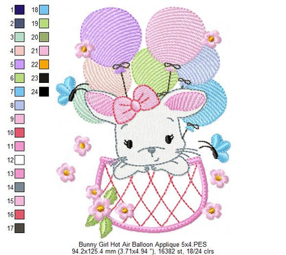 Bunny Girl Flying with Balloons - Applique & Fill Stitch - Set of 2 designs