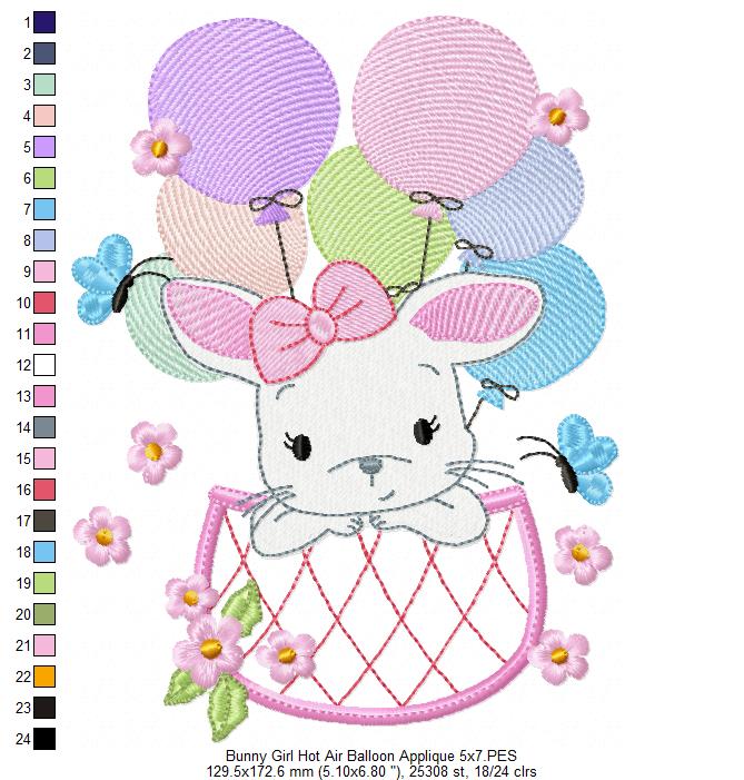 Bunny Girl Flying with Balloons - Applique & Fill Stitch - Set of 2 designs