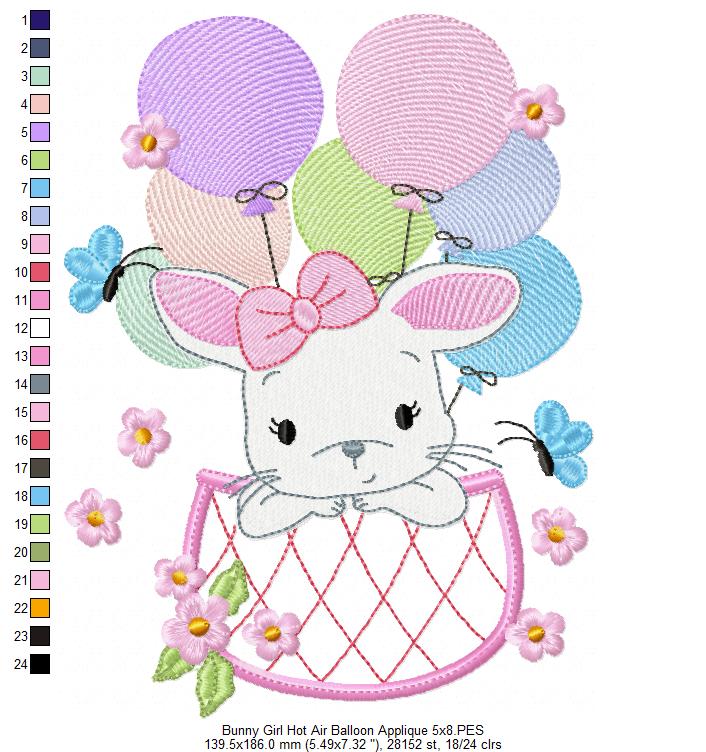 Bunny Girl Flying with Balloons - Applique & Fill Stitch - Set of 2 designs