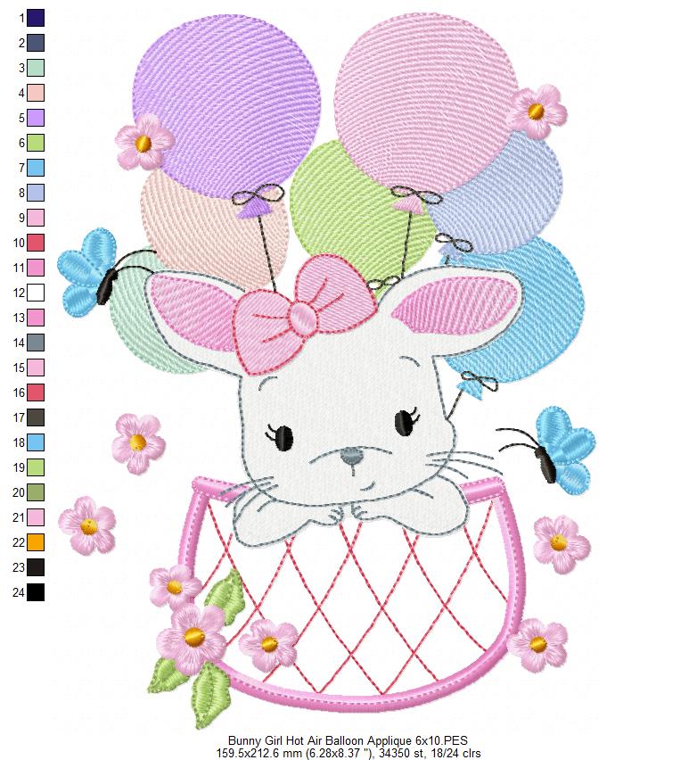 Bunny Girl Flying with Balloons - Applique & Fill Stitch - Set of 2 designs