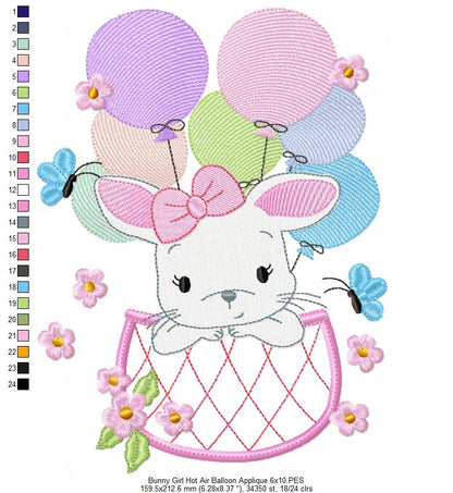 Bunny Girl Flying with Balloons - Applique & Fill Stitch - Set of 2 designs