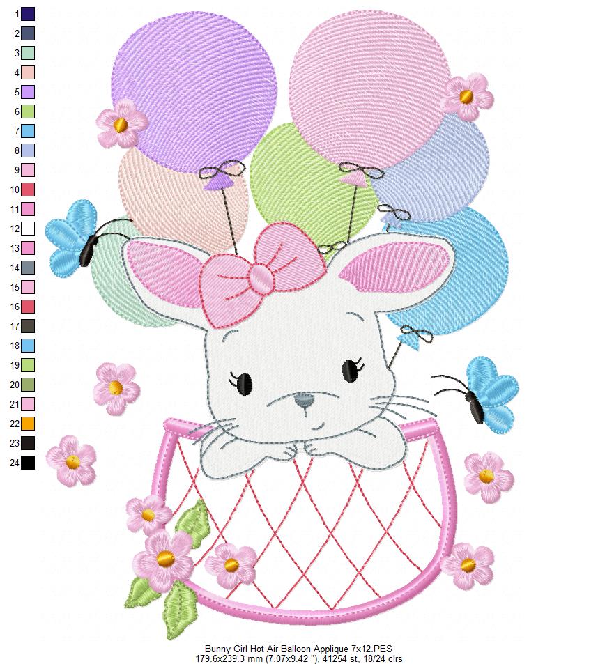 Bunny Girl Flying with Balloons - Applique & Fill Stitch - Set of 2 designs