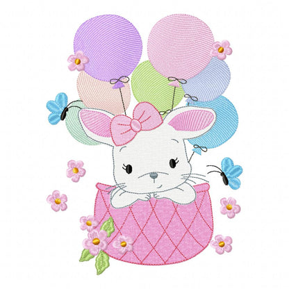 Bunny Girl Flying with Balloons - Fill Stitch Machine Embroidery Design