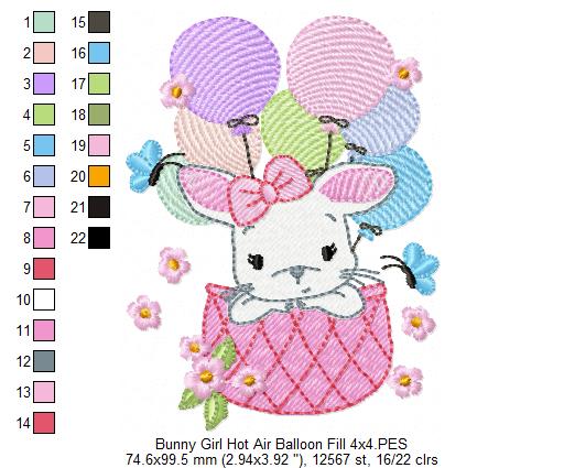 Bunny Girl Flying with Balloons - Applique & Fill Stitch - Set of 2 designs