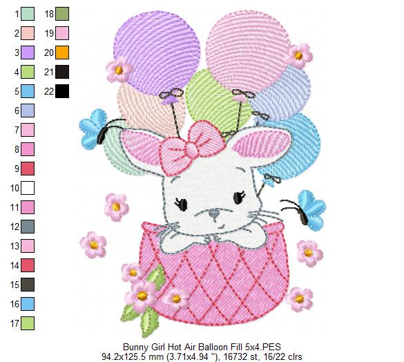 Bunny Girl Flying with Balloons - Fill Stitch Machine Embroidery Design