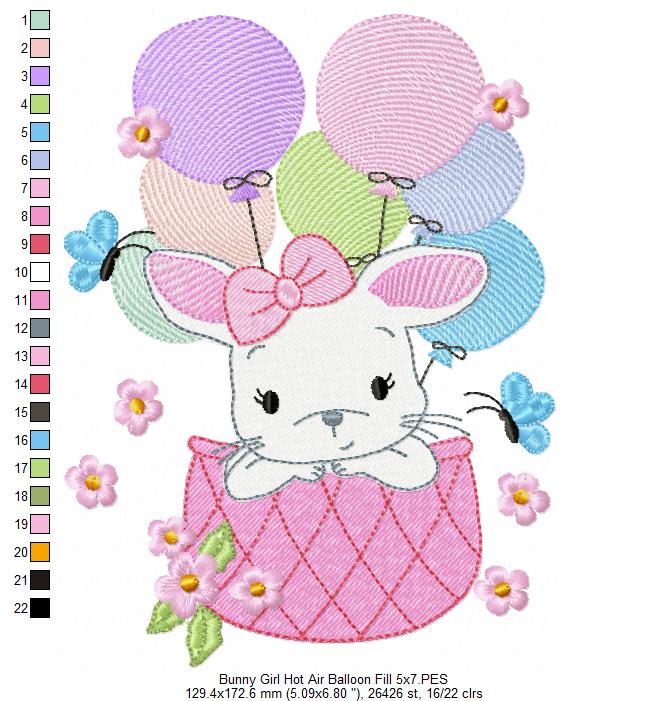 Bunny Girl Flying with Balloons - Fill Stitch Machine Embroidery Design