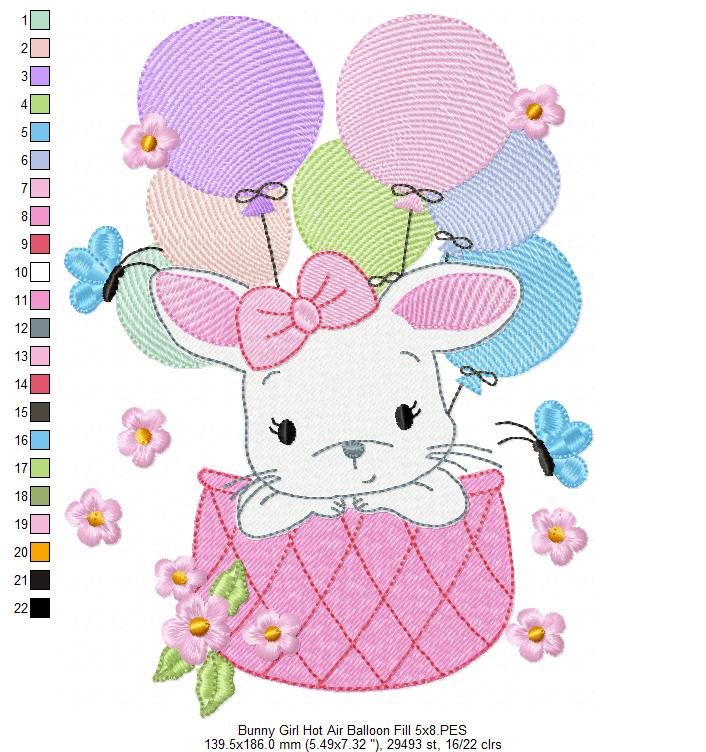 Bunny Girl Flying with Balloons - Fill Stitch Machine Embroidery Design