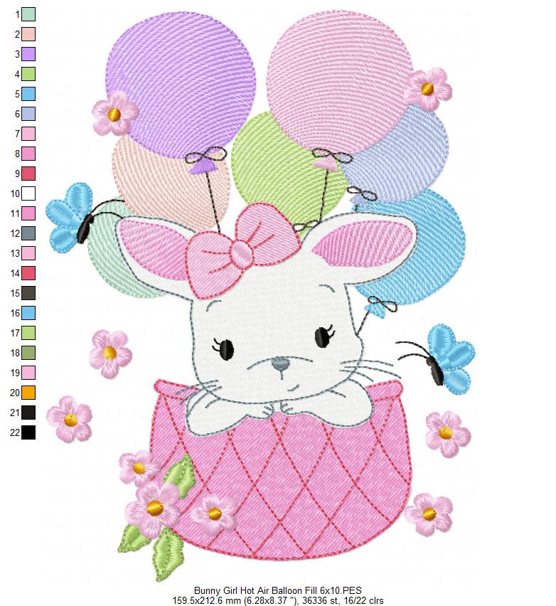 Bunny Girl Flying with Balloons - Fill Stitch Machine Embroidery Design