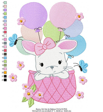 Bunny Girl Flying with Balloons - Applique & Fill Stitch - Set of 2 designs