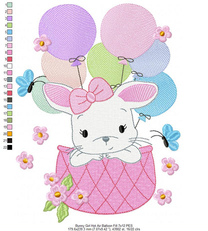 Bunny Girl Flying with Balloons - Fill Stitch Machine Embroidery Design