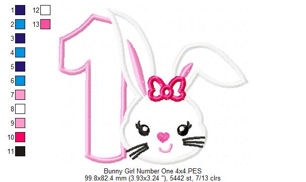 Easter Bunny Girl Birthday Number One 1st Birthday - Applique