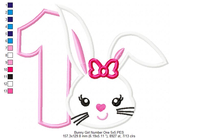 Easter Bunny Girl Birthday Number One 1st Birthday - Applique