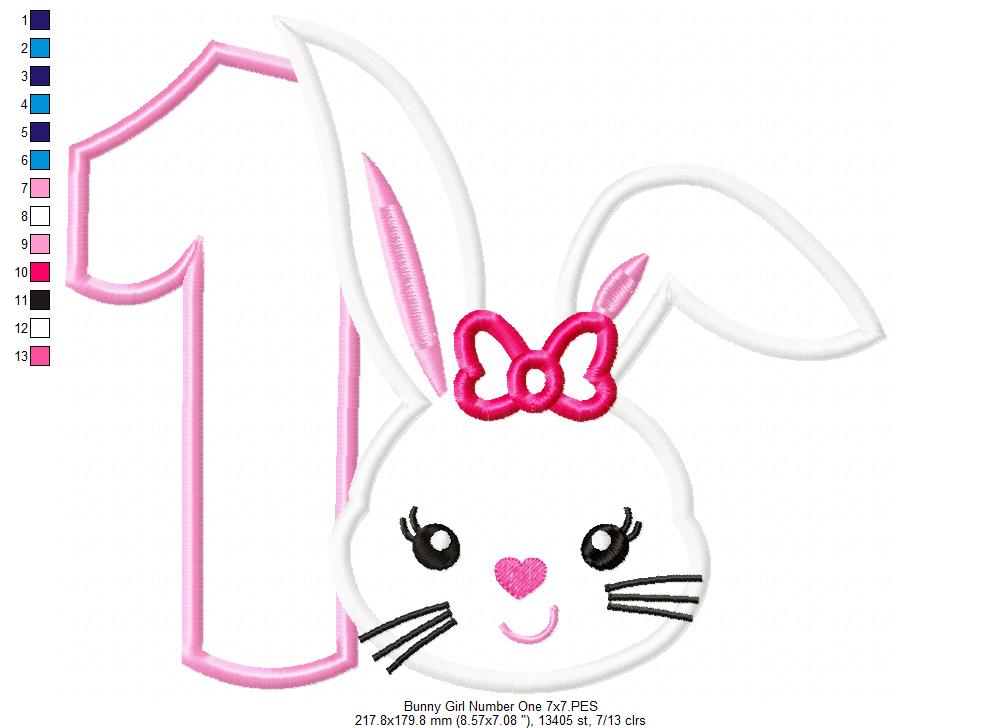 Easter Bunny Girl Birthday Number One 1st Birthday - Applique