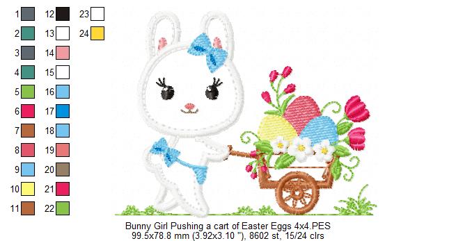 Bunny Girl Pushing a Cart of Easter Eggs - Applique