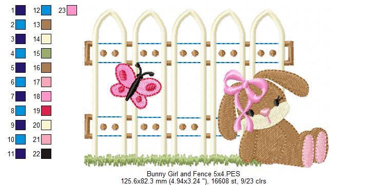 Bunny Girl and Fence - Applique - Machine Embroidery Design