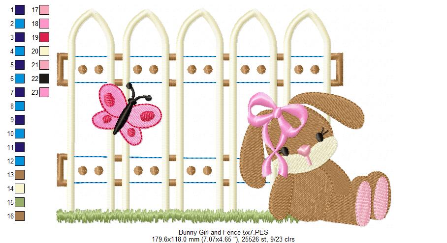 Bunny Girl and Fence - Applique - Machine Embroidery Design