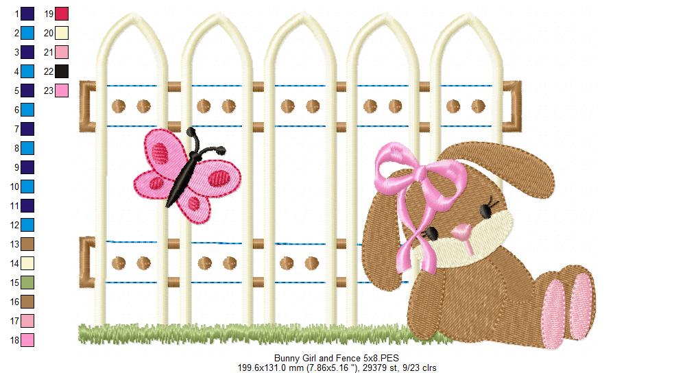 Bunny Girl and Boy and Fence - Applique - Set of 2 designs