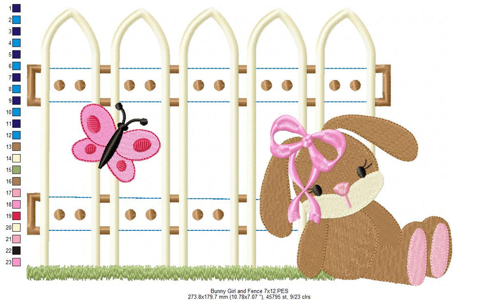 Bunny Girl and Fence - Applique - Machine Embroidery Design