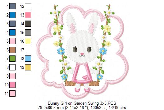 Easter Bunny Girl on a Garden Swing - Applique - Machine Embroidery Design