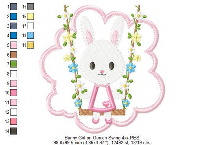 Easter Bunny Girl on a Garden Swing - Applique - Machine Embroidery Design