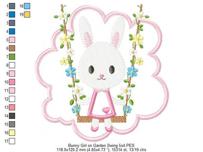 Easter Bunny Girl on a Garden Swing - Applique - Machine Embroidery Design