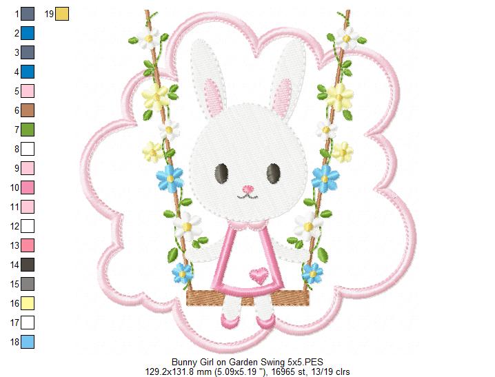Easter Bunny Girl on a Garden Swing - Applique - Machine Embroidery Design