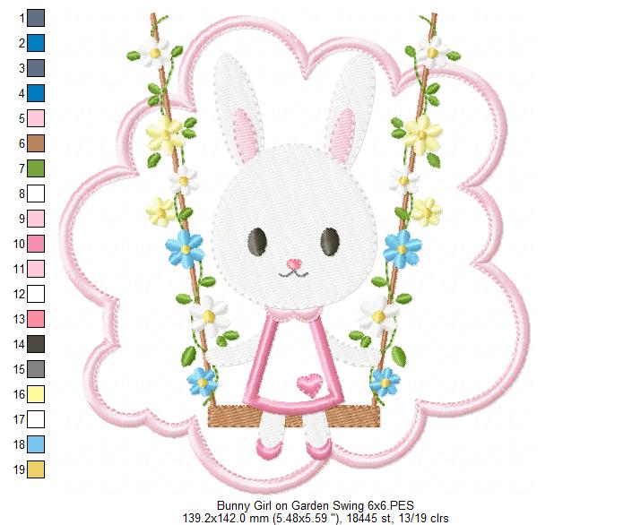 Easter Bunny Girl on a Garden Swing - Applique - Machine Embroidery Design