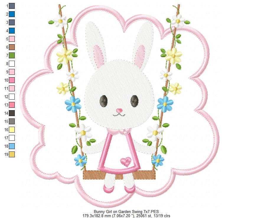 Easter Bunny Girl on a Garden Swing - Applique - Machine Embroidery Design
