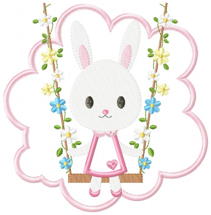 Easter Bunny Girl on a Garden Swing - Applique - Machine Embroidery Design